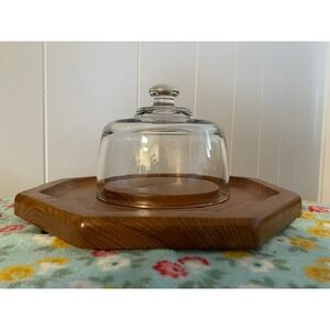 Vintage Dolphin Genuine Teakwood Octagon Cheese Board with Glass Cloche Dome